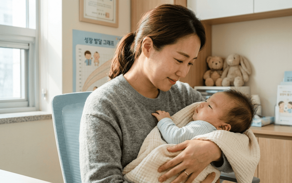 근한 분위기의 소아과 진료실에서 아기를 안고 의사 선생님의 설명을 경청하며 걱정하는 부모의 따뜻한 모습