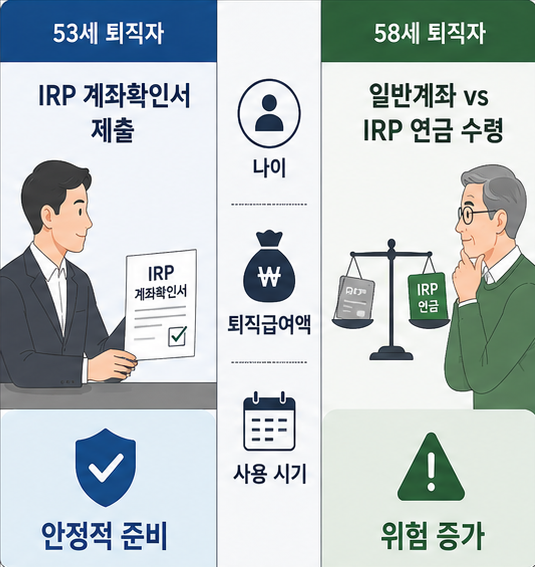 퇴직금 IRP 의무 대상과 일반계좌 수령 예외 사례를 비교하는 이미지