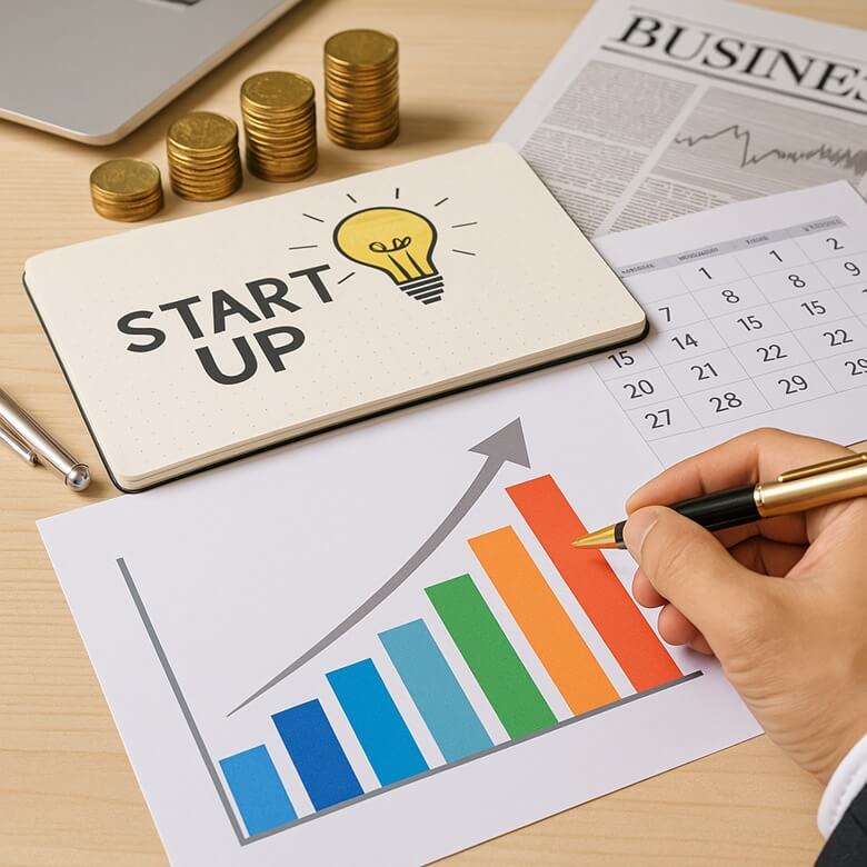 창업 지원과 자금 성장을 상징하는 그래프, 코인, 스타트업 아이디어 노트 구성 이미지