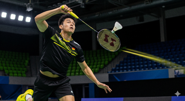 남자 배드민턴 선수가 상대 공격을 잘 방어하고 있는 모습