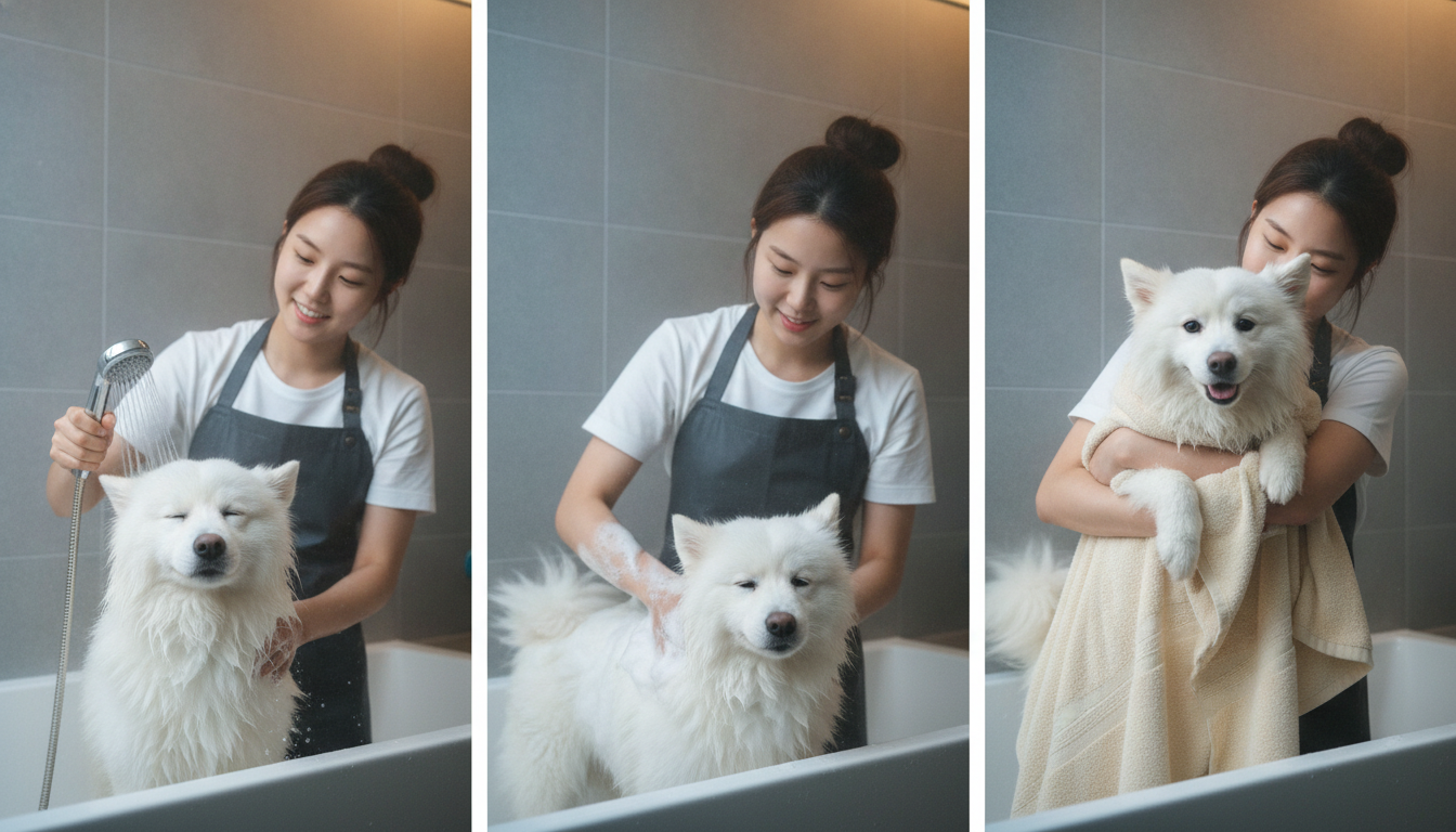 보호자가 강아지에게 목욕 시키고 털을 말리는 단계별 위생 관리 모습.