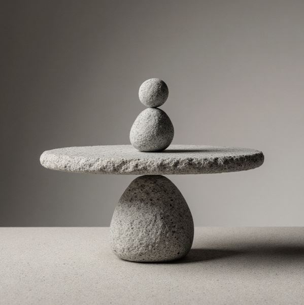 돌로 쌓은 균형추가 균형을 이루는 모습으로 몸과 마음, 개인과 사회의 균형을 표현함