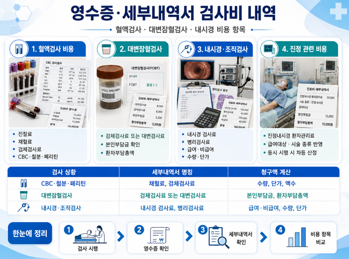 영수증과 진료비 세부내역서에서 혈액검사, 대변잠혈검사, 내시경·조직검사, 진정 관련 비용 항목을 비교한 메디컬 인포그래픽