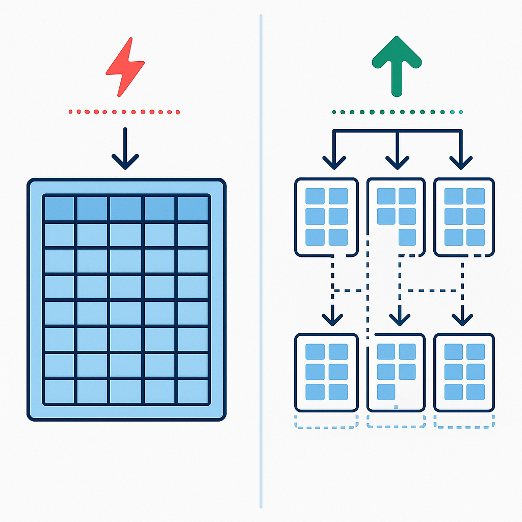 MySQL 파티셔닝 성능 비교 일러스트 - 파티션 적용 전후 쿼리 성능 개선 효과를 시각적으로 보여주는 기술 다이어그램