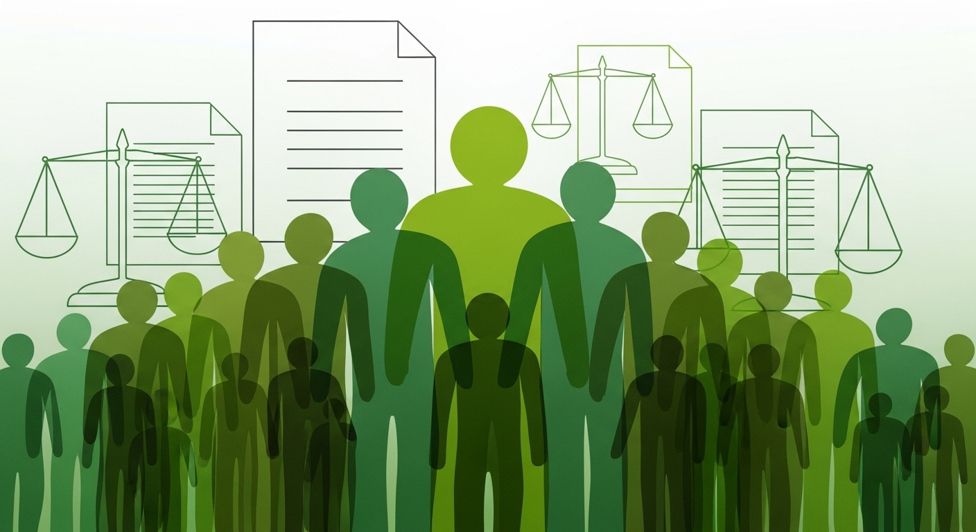 여러 사람이 함께 모여 단체 소송을 진행하는 모습을 상징하는 이미지입니다. 법적 문서를 배경으로 결속력을 보여줍니다.