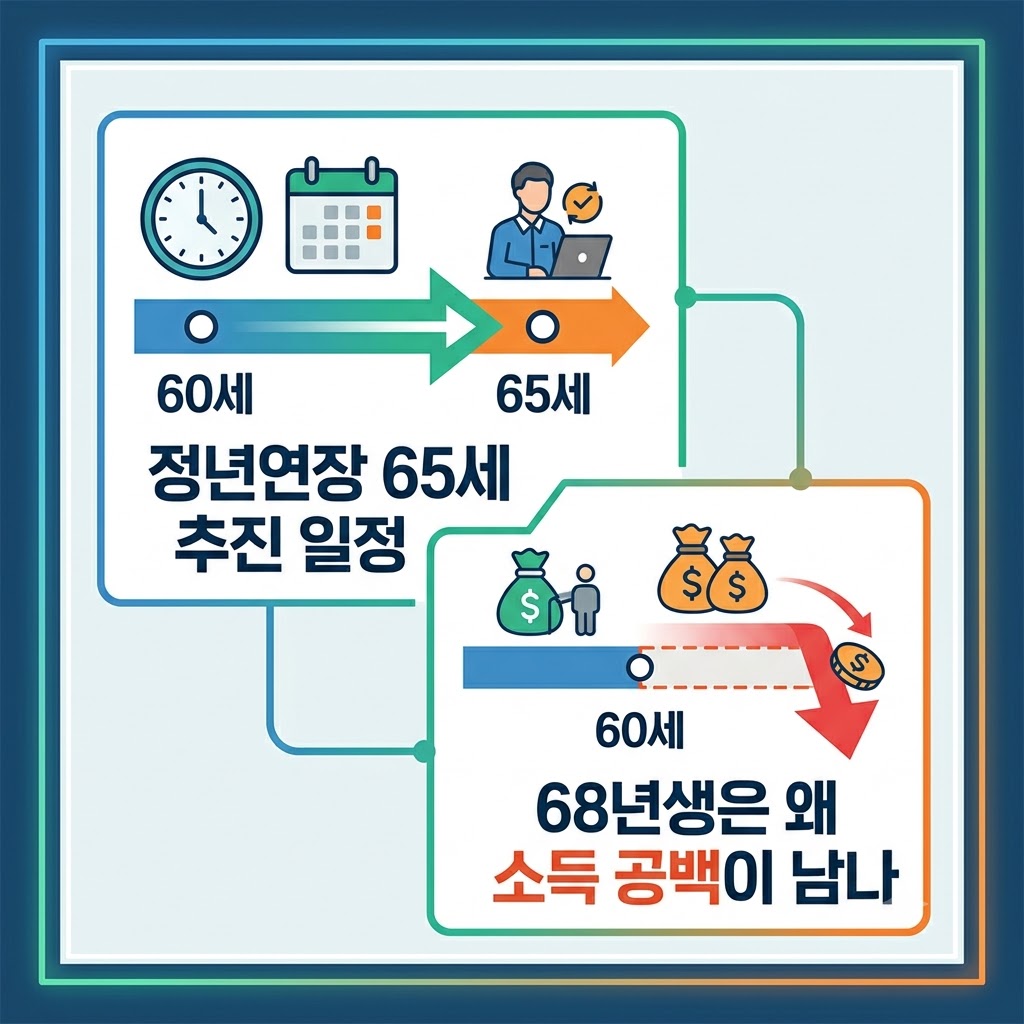 정년연장 65세 추진 일정과 68년생의 소득 공백 문제를 다룬 인포그래픽 썸네일 이미지