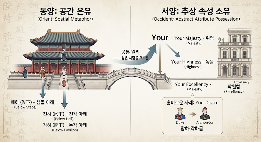 [단어의 서재 26편]"의 마지막 장을 시각화한 인포그래픽. 동양과 서양이 어떻게 서로 다른 언어적 은유를 통해 지존에 대한 경의를 표했는지 비교한다. 동양은 궁궐의 낮은 공간&mdash;섬돌 아래(폐하), 전각 아래(전하), 누각 아래(각하)&mdash;을 빌려 스스로를 낮추는 방식을 취했고, 서양은 위엄(Majesty), 탁월함(Excellency) 같은 추상적 속성을 소유격 'Your'와 결합하여 높이는 방식을 취했다. 두 체계의 대응 관계를 도표로 정리하고, 흥미로운 예외인 'Your Grace(합하/각하급)'의 위치도 함께 보여준다.