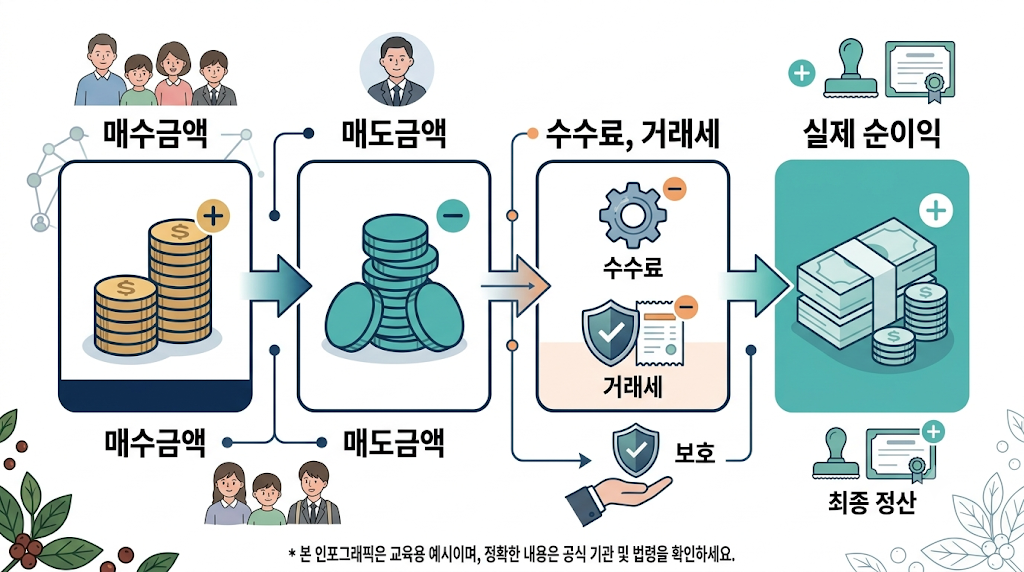 주식 매수금액과 매도금액에서 수수료와 거래세를 차감해 실제 순이익을 계산하는 과정