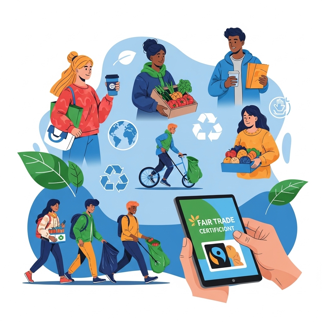 환경 보호, 사회적 책임, 윤리적 소비 등 다양한 가치를 추구하는 MZ세대의 미닝아웃 소비 활동을 다채롭게 표현한 일러스트