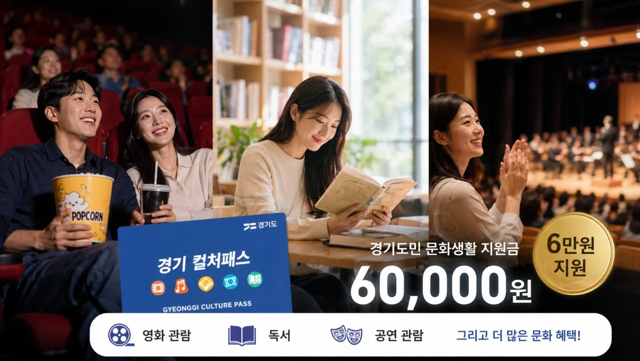 경기도민이 경기 컬처패스를 활용하여 영화 관람, 독서, 공연 관람 등 다양한 문화생활을 즐기는 행복한 모습. 6만원 지원금 혜택을 상징하는 요소가 함께 나타남.