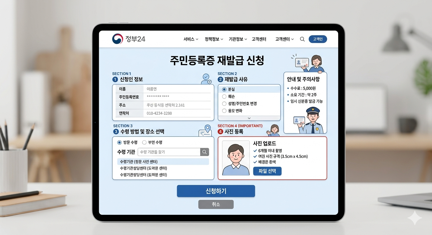 정부24 홈페이지 주민등록증 재발급 신청 화면 안내 가이드 이미지