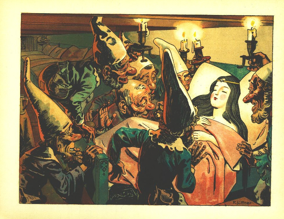 The dwarfs find Snow White asleep [출처: 위키디피아]