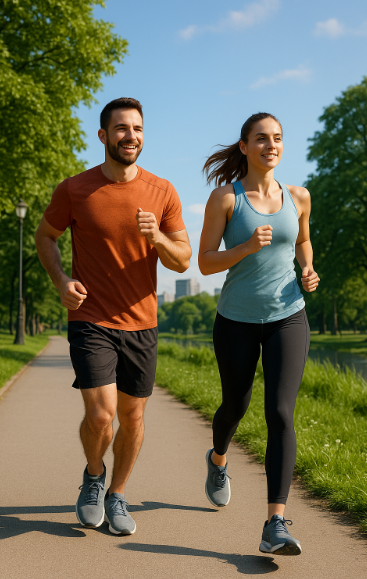 도심 공원에서 이른 아침 러닝 중인 남성과 여성 사진