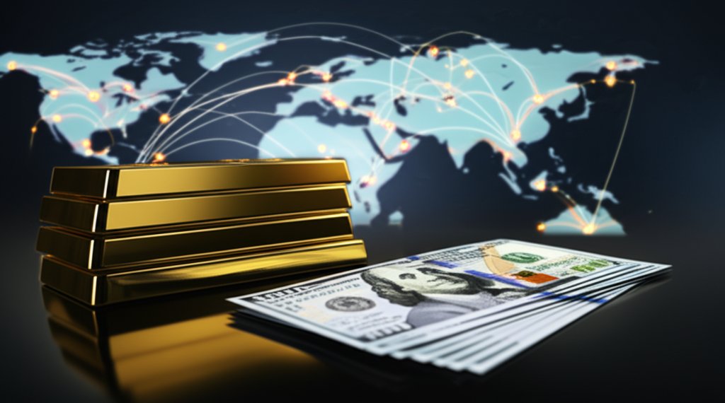 안전자산 금괴와 달러, 지정학적 위험 지도, 매거진 에디토리얼 스타일, 고급스러운 화보 느낌
