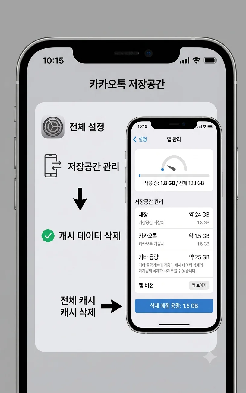 애플 아이폰 카카오톡 저장공간 관리 및 캐시 데이터 삭제 설정 화면