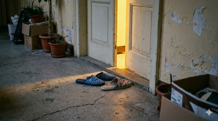 낡은 빌라 복도에 놓인 짝이 맞지 않는 슬리퍼들과 열린 문틈으로 새어 나오는 따스한 노란 불빛