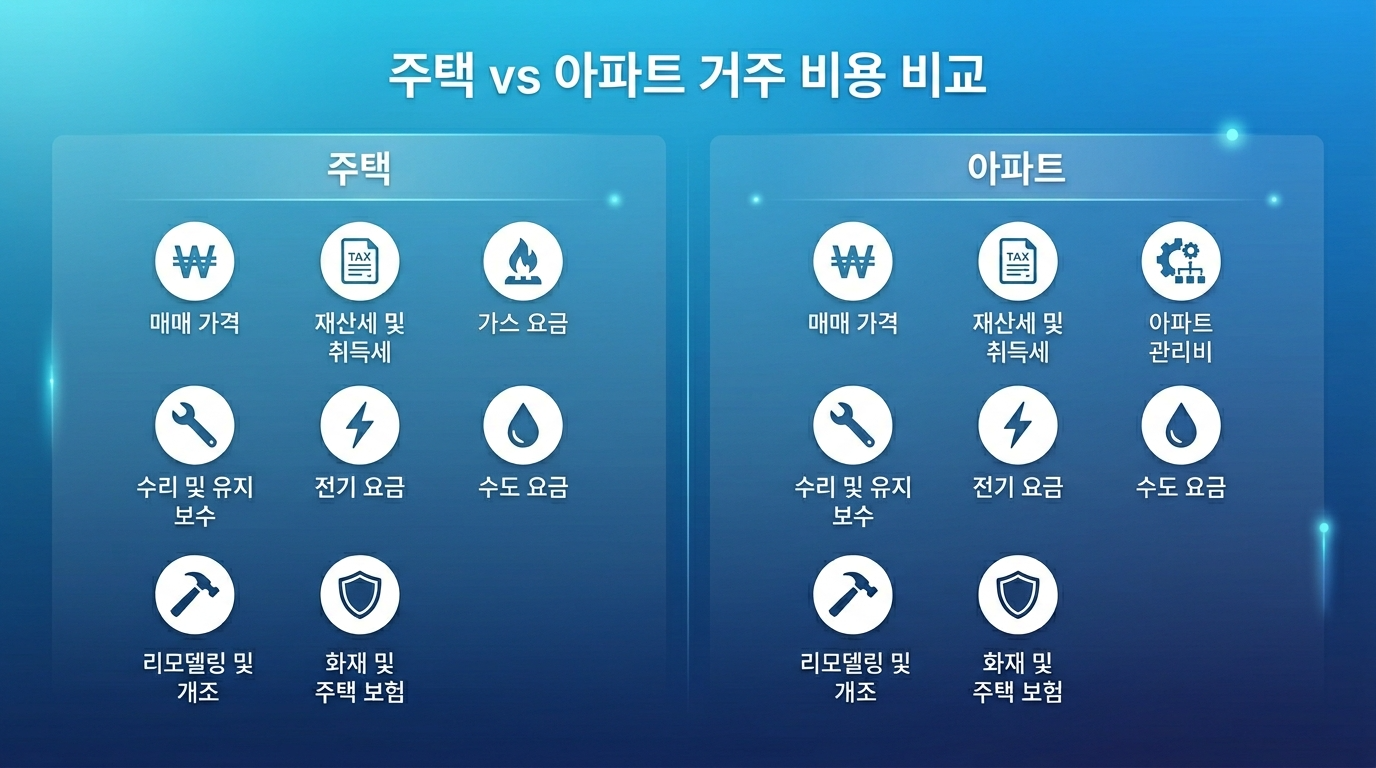 주택과 아파트 주거관련 항목별 비교