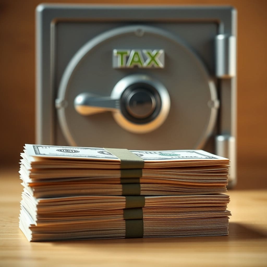 세금 감면을 상징하는 돈다발이나 세금 계산서가 줄어드는 모습과, 자물쇠로 굳게 잠긴 금고가 함께 있는 이미지입니다. 이는 퇴직연금의 세액공제 혜택과 함께, 회사의 도산 등으로부터 퇴직급여가 안전하게 보호된다는 점을 시각적으로 표현합니다.