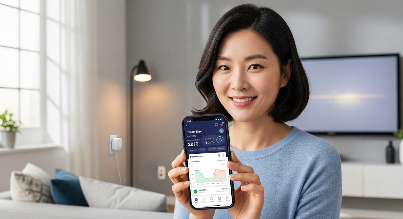 스마트폰 앱으로 가정의 에너지 사용량을 확인하는 한국인 여성.