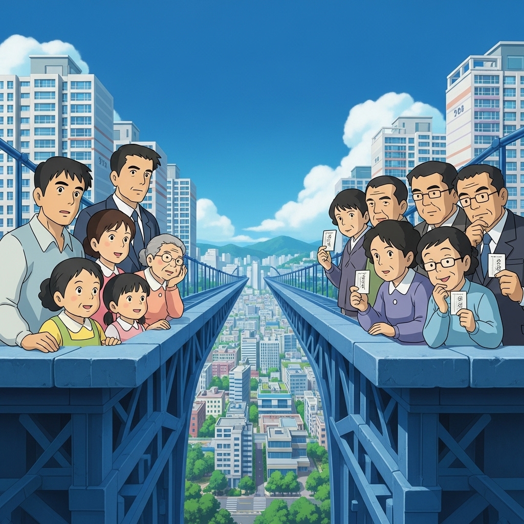 한국의 '지정 전 보상' 정책 개념을 시각화한 이미지. 빠르게 건설되는 다리가 주택 공급 가속화를 상징하며, 한쪽에는 희망에 찬 가족들이, 다른 쪽에는 서류를 든 토지주들이 서 있다. 배경에는 현대적인 한국 도시 풍경과 아파트 단지가 보인다. 정책의 복잡성과 희망을 동시에 담고 있다.