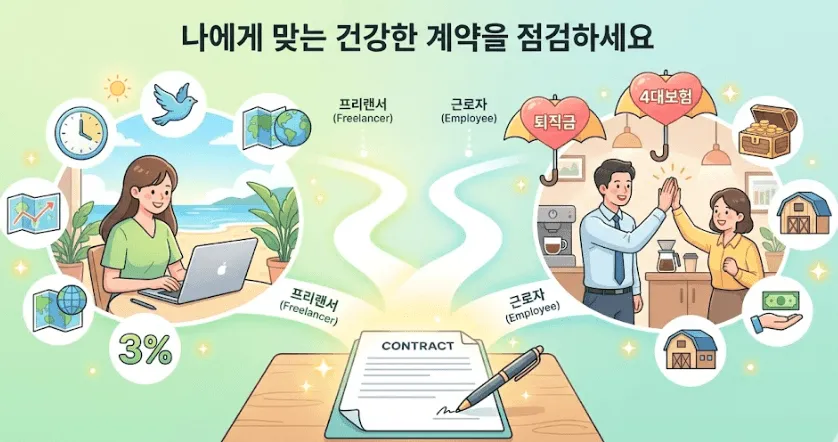프리랜서 대 근로자: 테이블 중앙에 놓인 계약서 한 장을 기점으로 프리랜서와 근로자의 상반된 업무 환경을 밝고 긍정적인 파스텔톤으로 표현한 일러스트입니다. 왼쪽에는 해변을 배경으로 자유롭게 노트북으로 일하는 프리랜서의 모습과 3.3% 세금, 시계, 비둘기 등 자유를 상징하는 아이콘이 배치되어 있습니다. 오른쪽에는 활기찬 사무실에서 동료와 하이파이브를 하는 근로자의 모습과 4대보험, 퇴직금이 적힌 하트 모양 우산 등 법적 보호를 상징하는 아이콘이 그려져 있습니다. 프리랜서 3.3%와 근로자의 차이를 결정짓는 계약서의 중요성과 가짜 3.3 계약 점검의 필요성을 직관적으로 전달하는 블로그 대표 이미지입니다.