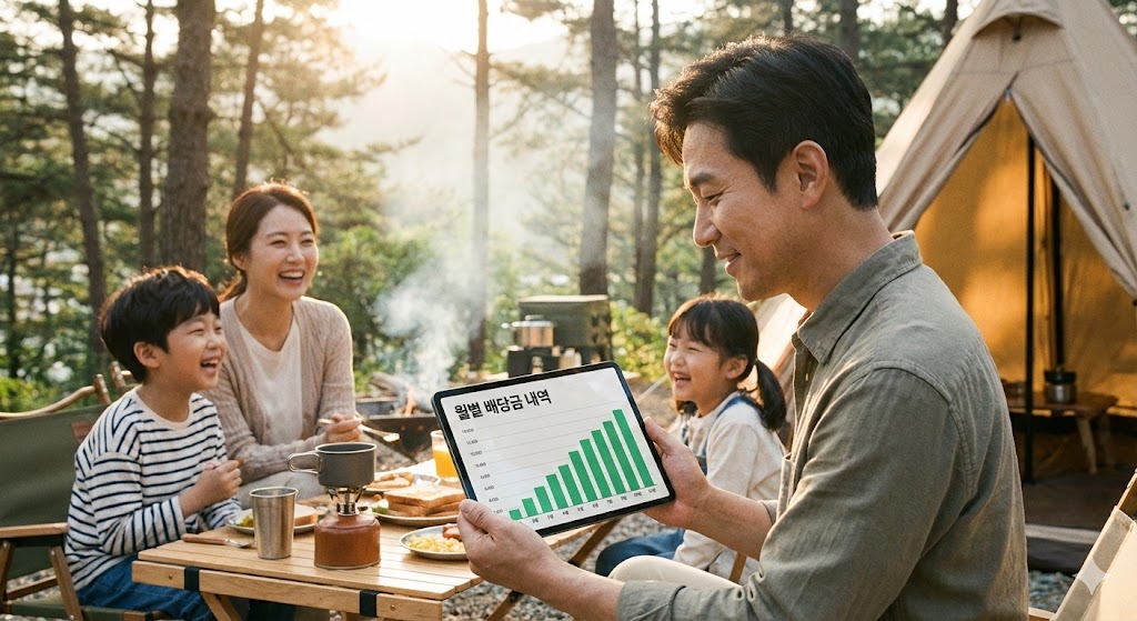 여유로운 주말 아침, 가족과 함께 캠핑을 즐기며 태블릿으로 매달 들어오는 배당금 내역을 확인하고 미소 짓는 행복한 모습