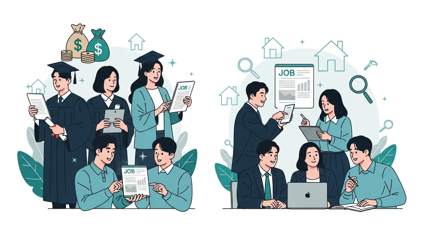 다양한 분야에서 새로운 시작을 준비하는 젊은 한국 청년들이 모여있고, 주변으로 돈다발, 집, 돋보기 등 지원을 상징하는 아이콘들이 그려진 희망찬 일러스트 이미지입니다.