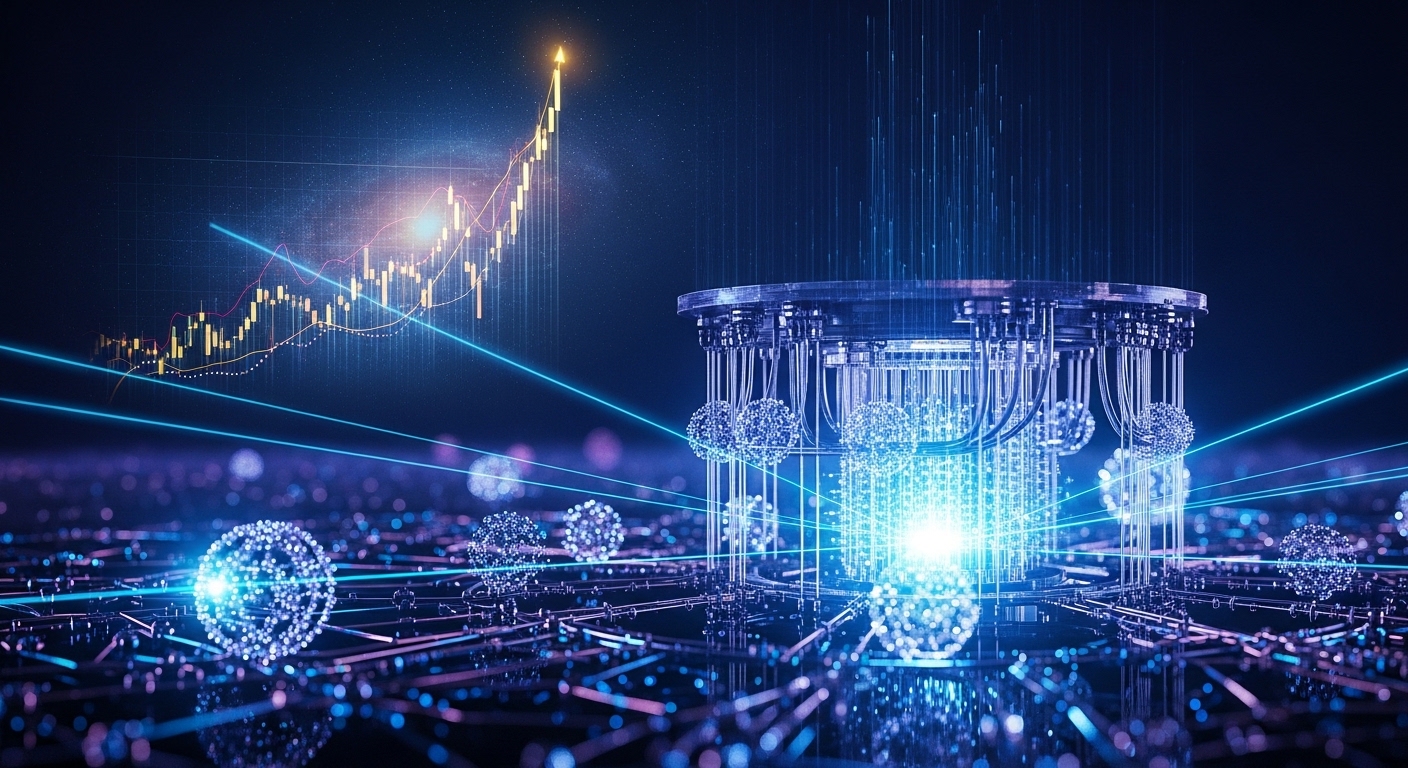 빛나는 이온 트랩 양자 컴퓨터와 상승하는 주식 그래프가 겹쳐진 모습. 미래 기술의 잠재력과 투자 가치를 상징하는 이미지.