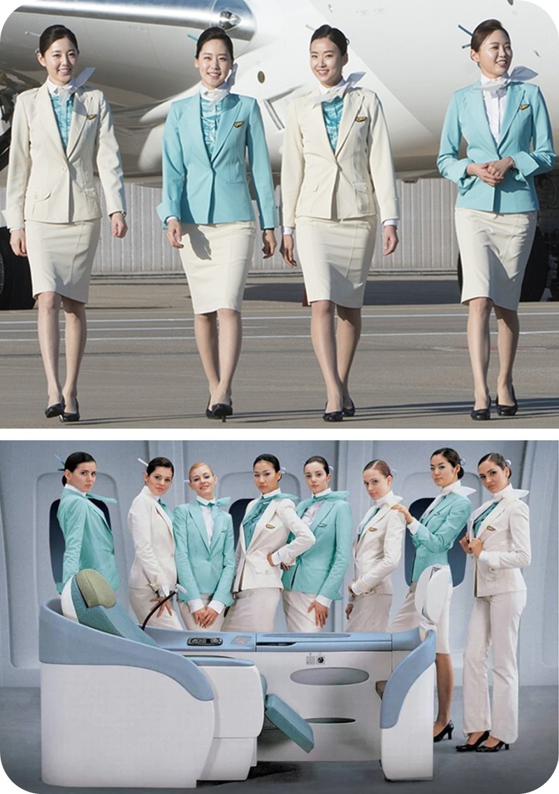 대한항공-객실승무원-베이지색-청자색-자켓-유니폼-입고-포즈