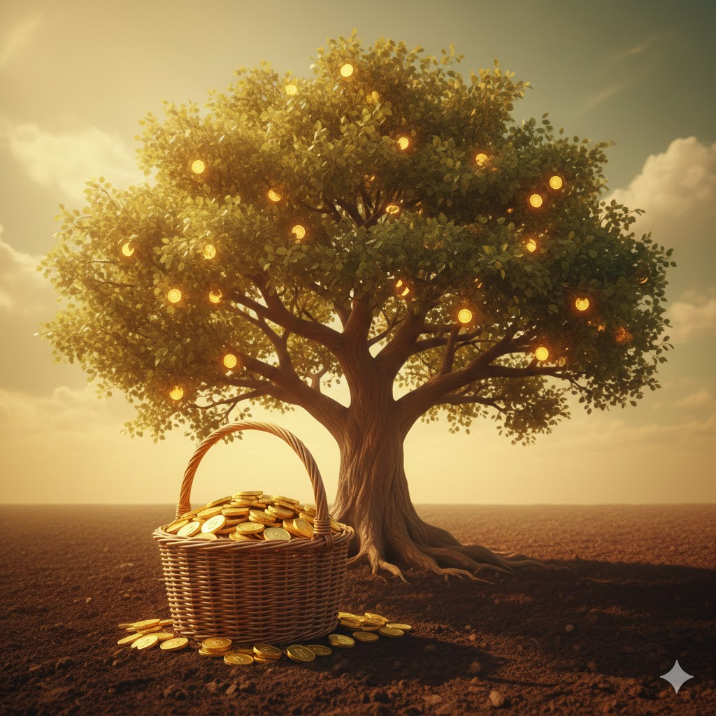 성장하는 나무와 황금색 동전이 담긴 바구니를 통해 금융 성장을 표현한 이미지