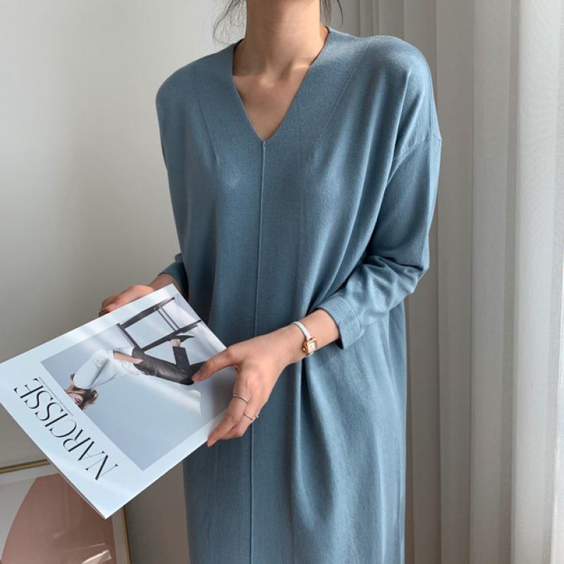 77 편한 봄 루즈핏 브이넥 옆트임 맥시 롱 니트 원피스 빅사이즈 임산부 블랙