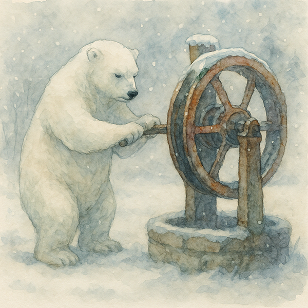 녹슨 도르래를 돌리는 곰 이미지