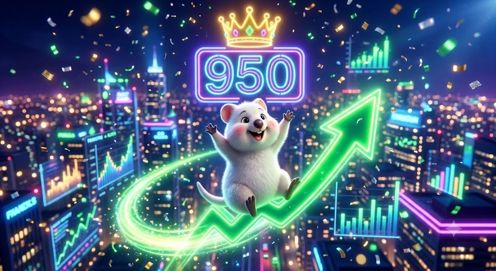 빛나는 우상향 화살표 차트를 타고 환호하는 쿼카. 쿼카 머리 위로는 '950'이라는 화려한 숫자와 금빛 왕관이 빛나고 있으며, 주변에 축하 꽃가루가 흩날리고 있음.