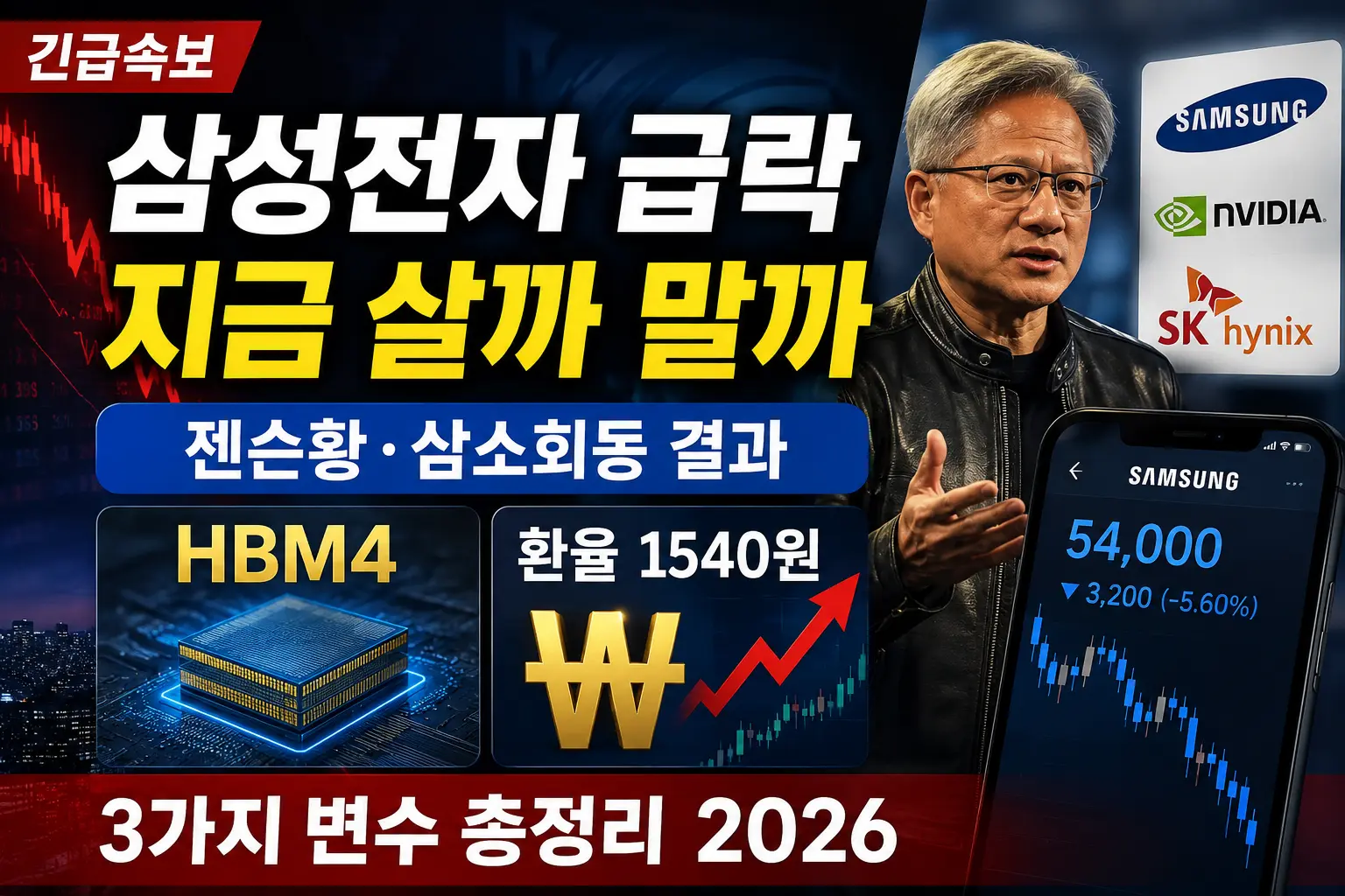삼성전자 급락 지금 살까 말까 &mdash; 젠슨황 삼소회동 결과&middot;HBM4&middot;환율 1540원 3가지 변수 총정리 2026
