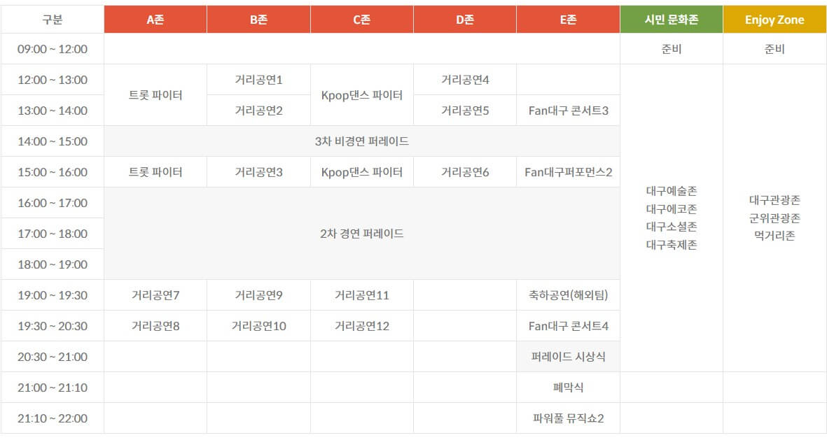 파워풀 대구 페스티벌 5월 14일 행사 시간표입니다.