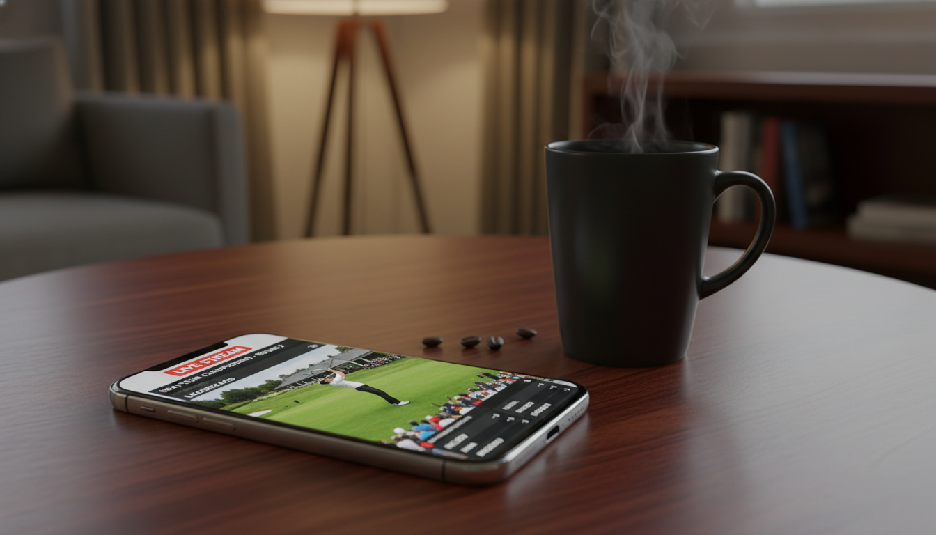 어두운 원목 테이블 위 스마트폰으로 마스터즈 골프 생중계를 시청하는 모습