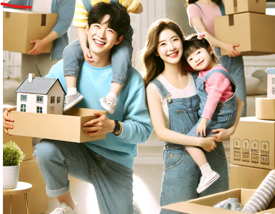 젊은 부부와 아이들이 웃으며 이삿짐 싸는 모습