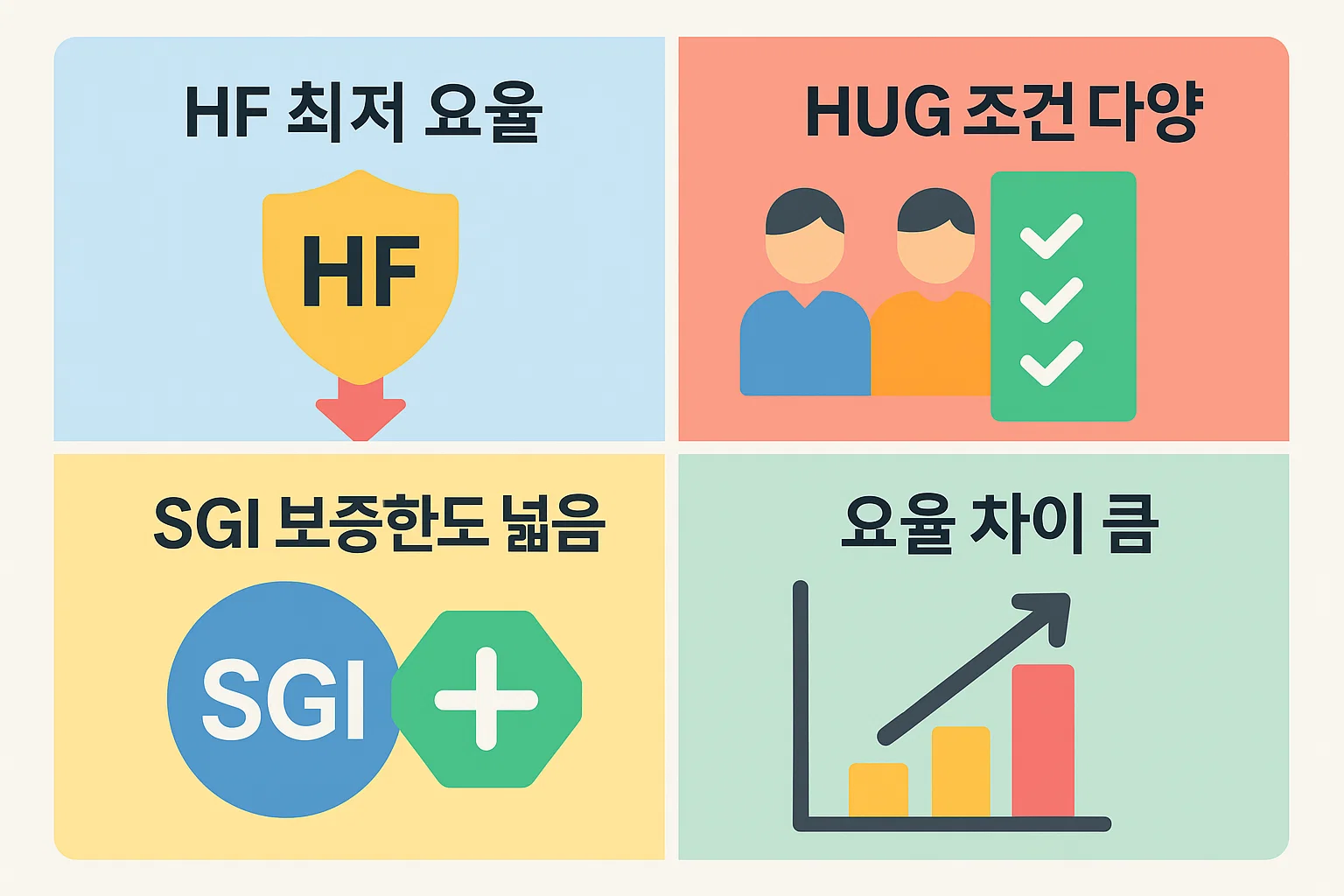 HF는 최저요율, HUG는 조건 다양성, SGI는 보증한도 폭이 넓다는 특징을 중심으로 전세보증보험 보험료의 기관별 요율 구조를 비교한 2025년 기준 인포그래픽 자료입니다.