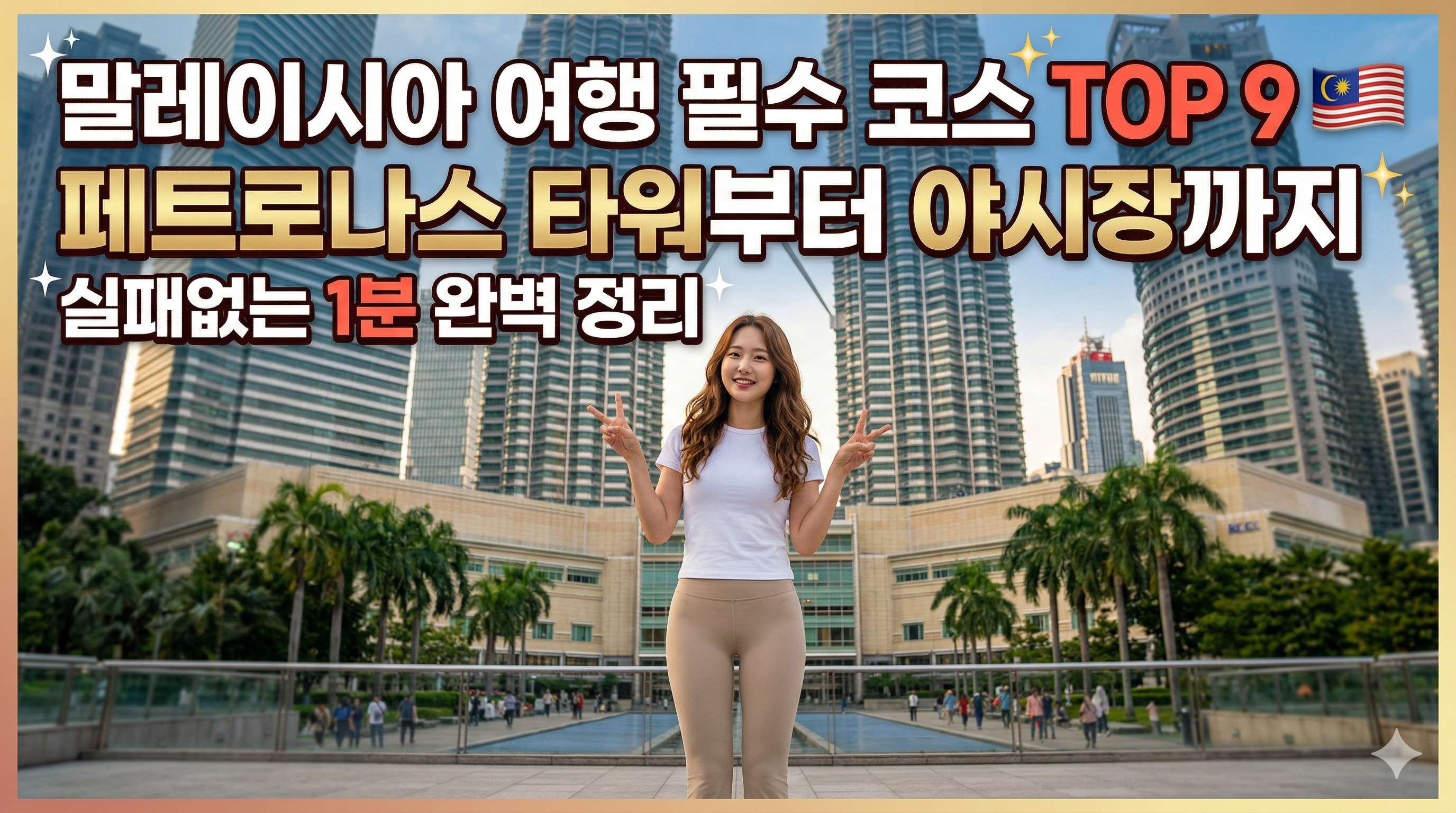말레이시아 쿠알라룸푸르의 페트로나스 트윈 타워 앞에서 환하게 웃으며 양손 V자 포즈를 취한 22세 한국인 여성 여행자의 전신 앞모습 메인 커버 이미지. 그녀는 흰색 반팔티와 베이지색 레깅스를 입고 있으며, 그녀 뒤로 페트로나스 타워, 바투 동굴의 황금 불상, 잘란 알로 야시장 풍경이 통합된 배경이 펼쳐진다. 상단에는 '말레이시아 여행 필수 코스 TOP 9 🇲🇾 페트로나스 타워부터 야시장까지 실패없는 1분 완벽 정리'라는 텍스트가 시인성 좋게 배치되어 있다. 우측 상단에는 'Glosir Travel' 로고와 '1분 영상' 아이콘이 있다.