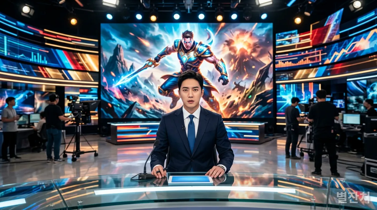 화려한 그래픽과 함께 드라마틱하게 묘사된 영웅의 이미지를 보여주는 한국 뉴스 스튜디오