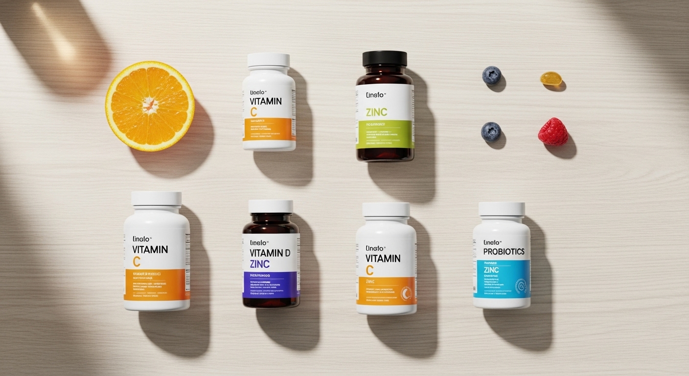 비타민 C, D, 아연, 프로바이오틱스 등 면역력 강화 영양제들이 신선한 과일과 함께 정돈되어 있는 모습.