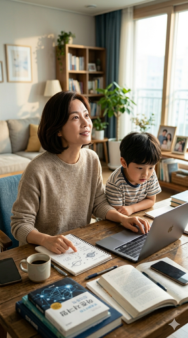 AI와 함께 육아 질문을 준비하는 부모와 자녀
