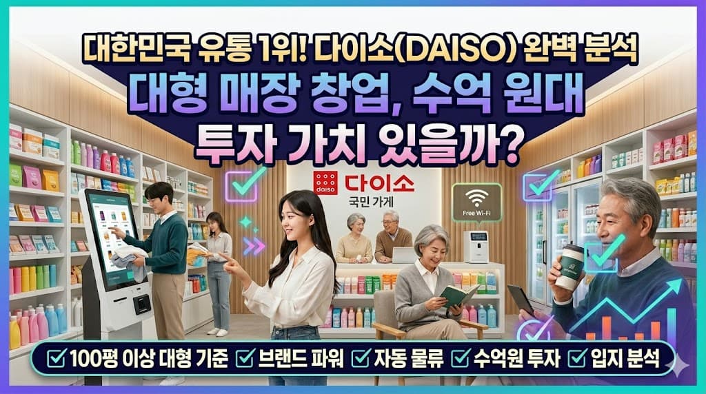 대한민국 유통 1위 다이소(DAISO) 가맹 창업 포스팅의 압도적인 블로그 썸네일. 상단에 '대한민국 유통 1위! 다이소 완벽 분석', 중앙에 '최소 100평 대형 기준', '수억 원대 자본, 성공 확률은?'이라는 대형 한국어 텍스트가 강조되어 있습니다. 배경에는 수만 가지 상품이 진열된 웅장한 규모의 대형 다이소 매장 전경과 함께 본사의 선진화된 자동화 물류 시스템과 로봇이 상품을 운반하는 모습이 보입니다. 하단 바에는 '✅ 압도적 브랜드 ✅ 자동 물류 ✅ 대형 상권 ✅ 안정적 수익 ✅ 본사 기준 분석' 아이콘이 나열되어 있습니다.