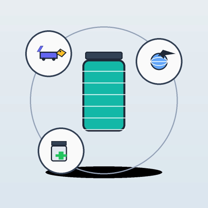 중앙의 단백질 보충제 병과, 좌측 쇼핑카트/가격태그(오픈마켓), 우측 지구본·비행기(해외직구), 하단 약병·녹색 십자(약국) 아이콘으로 세 구매 채널을 상징한 일러스트