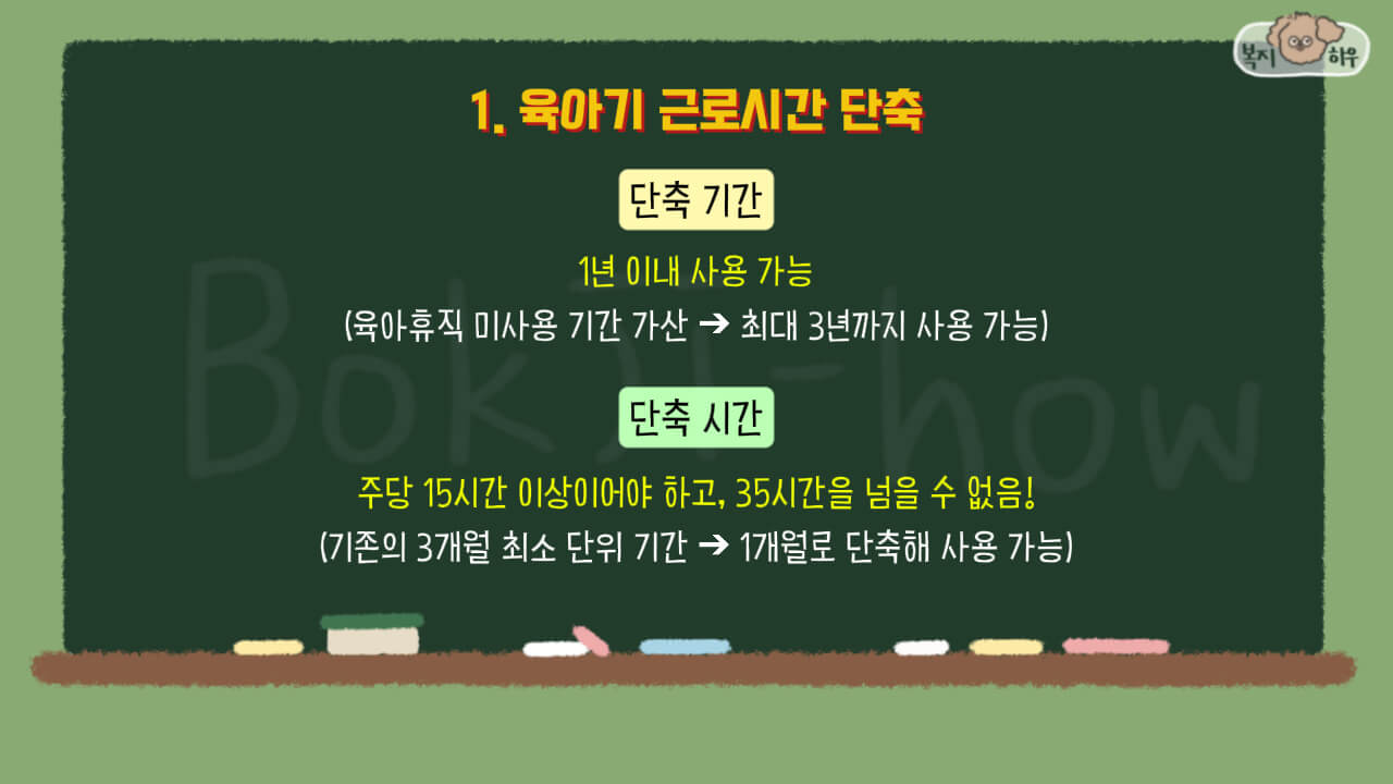 육아기 근로시간 단축 기간은 1년이며, 단축 시간은 주당 15시간 이상 그리고 35시간을 넘을 수 없다.