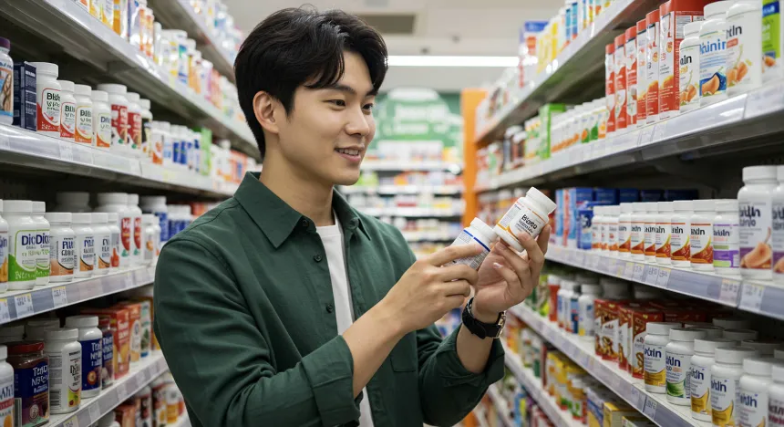 영양제 마트에서 비오틴 영양제를 고르고 있는 남성 이미지