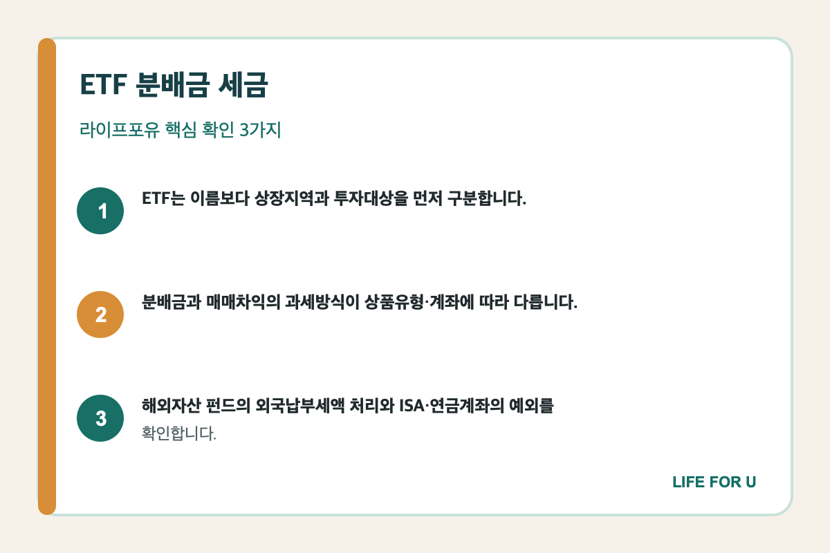 ETF 상장지역과 투자대상에 따른 분배금·매매차익 세금 확인 순서 요약