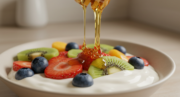 요거트에 과일이 담겨 있고 꿀을 추가하는 모습
