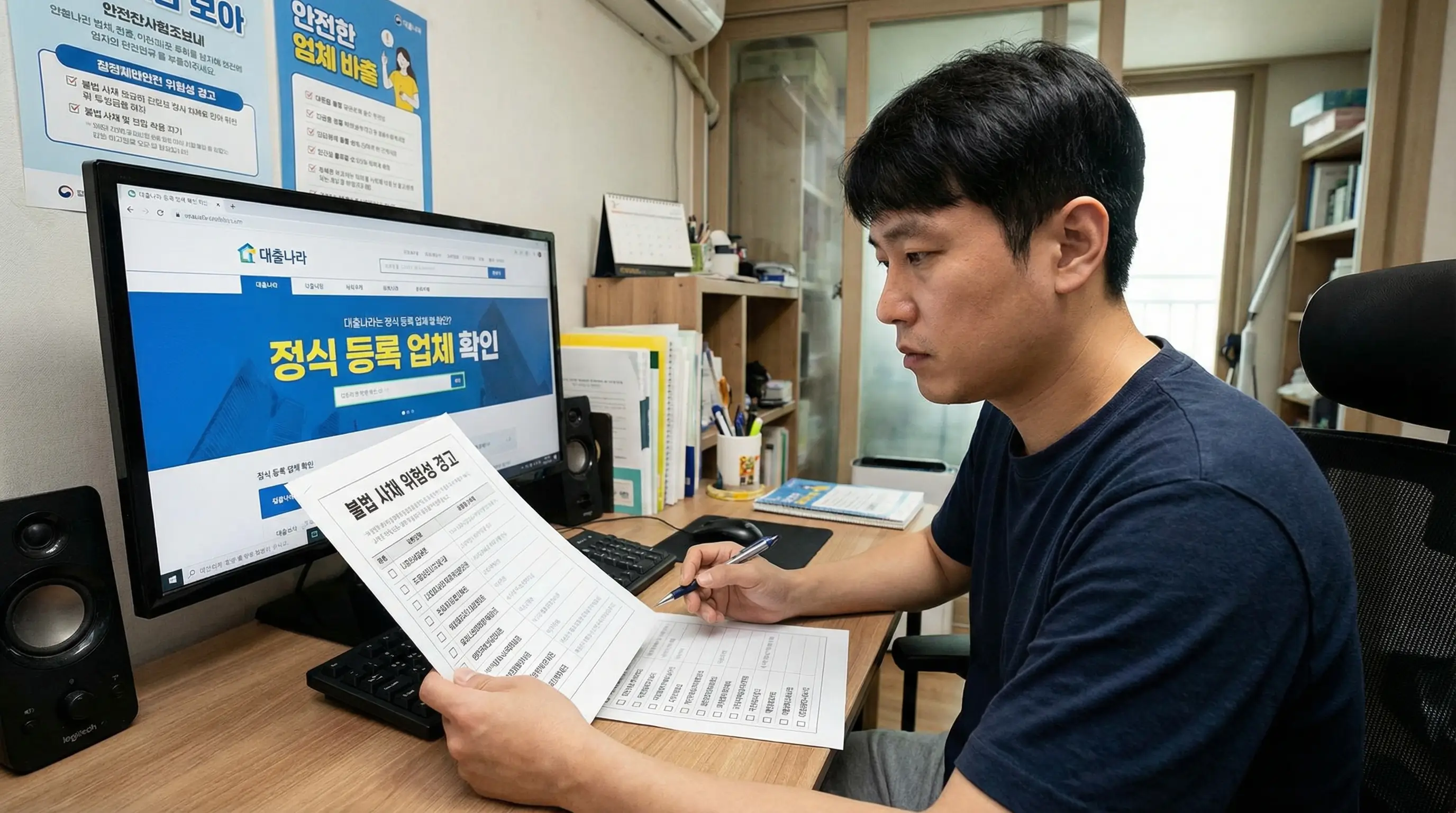 대출나라 이용 전 안전한 정식 등록 업체를 선별하고 불법 사채의 위험성을 인지하는 사용자의 모습