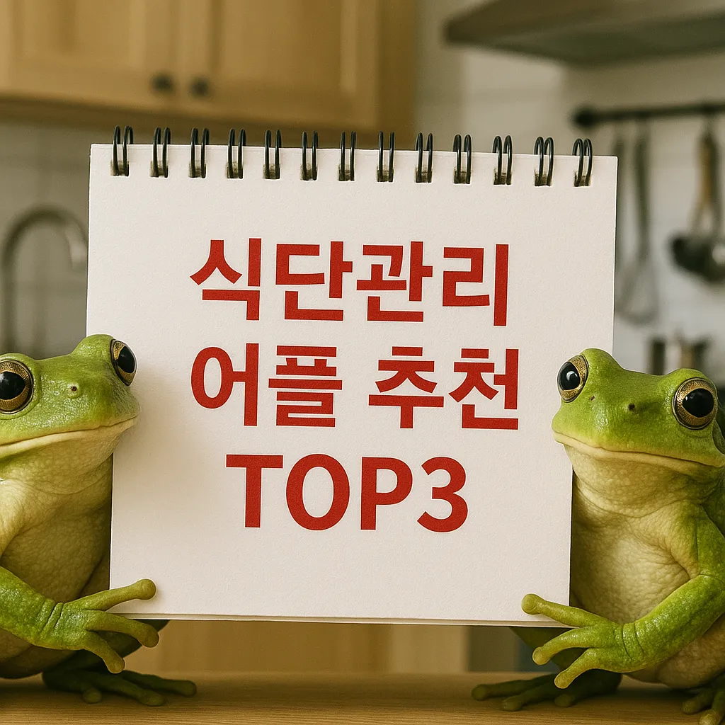 식단관리 어플 추천 TOP3 들고 있는 청개구리, 주방 배경